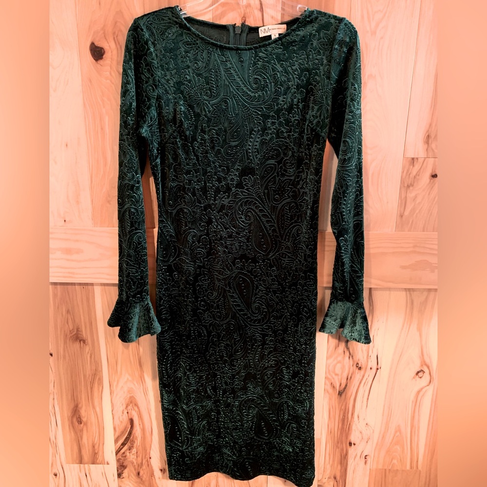 Neiman Marcus Vintage Dark Green Embossed Damask Velvet Long Sleeve Dress Size S - Picture 1 of 5